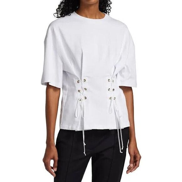 NEW! SPORTMAX PEPLO WHITE CORSET LACEUP CREW NECK TSHIRT SIZE SMALL $310 - Picture 1 of 11